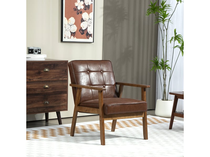  Fauteuil de salon, fauteuil de chambre en cuir synthétique, dossier capitonné, pieds en bois massif, 64x73x81cm, marron  - Conforama C