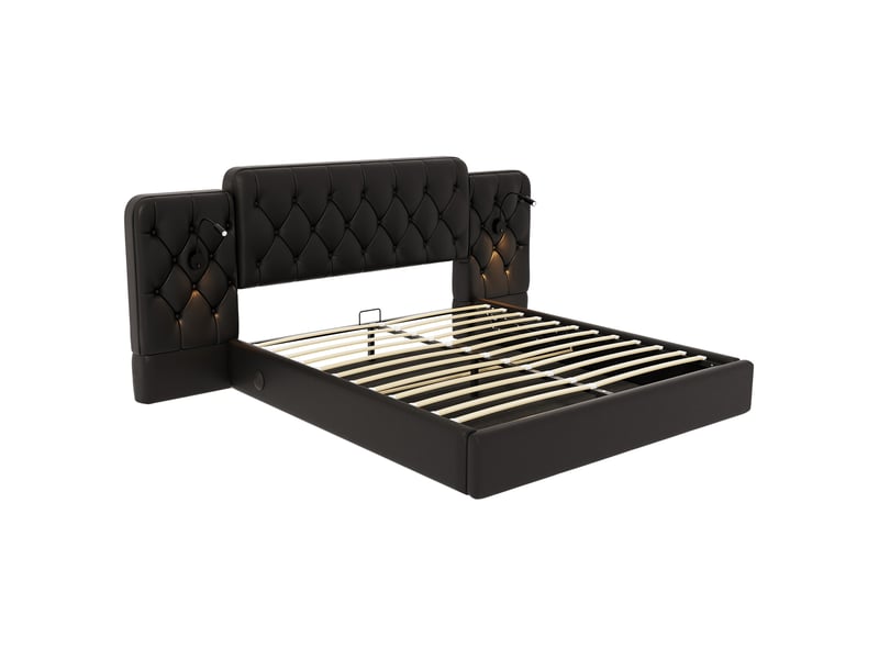  Lit double 160x200 cm avec plusieurs ports usb et lampe de bureau, cadre de lit coffre avec tête de lit longue, noir, velours  - Conforama B
