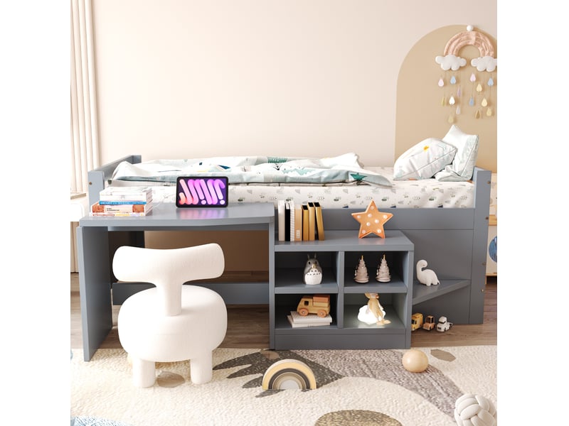  Lit enfant 90x200 cm avec bureau et rangements en bois gris  - Conforama C