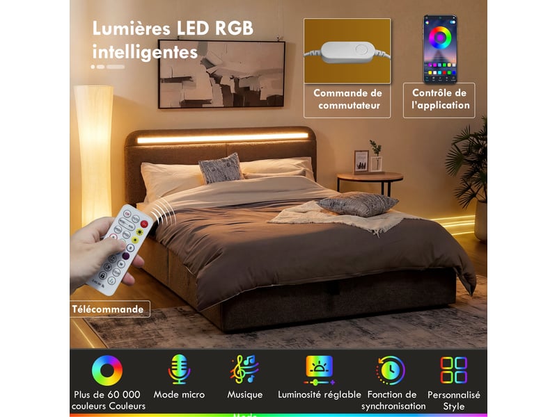  Lit coffre 140 x 190 cm avec éclairage led, tête de lit réglable, sommier à lattes en bois, cadre de lit double, gris  - Conforama E
