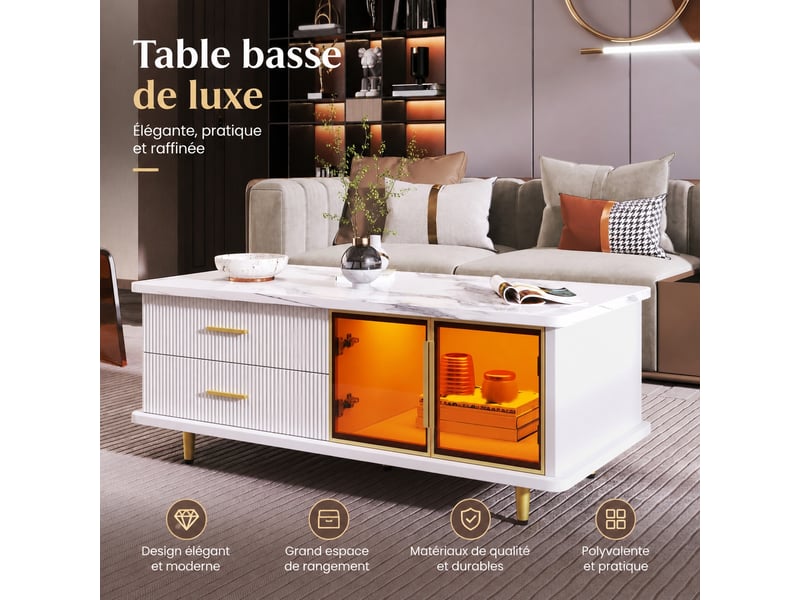  Table basse blanche et dorée effet marbre avec bandeau led multicolore, 100 x 50 x 40 cm  - Conforama E