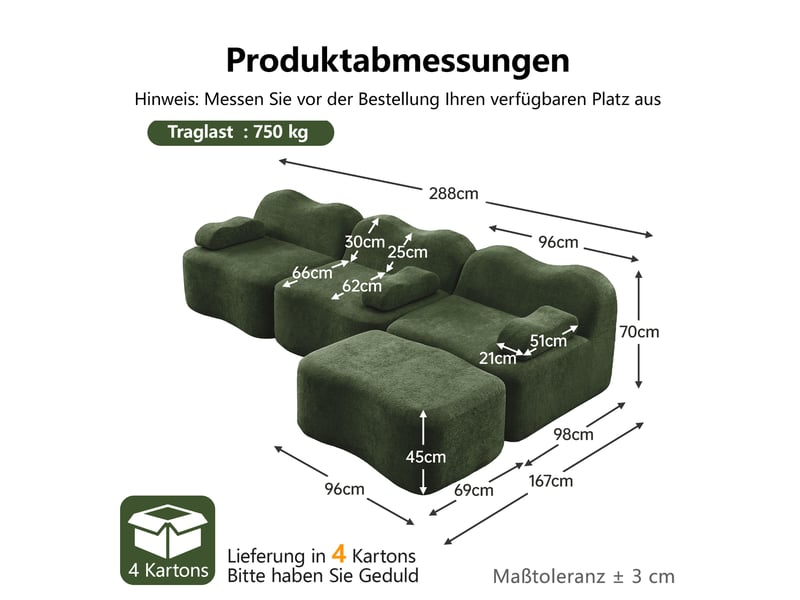 Canapé d’angle modulable 3 places en velours vert avec pouf, assise profonde, mousse haute densité 32d et forme ondulée - Conforama B
