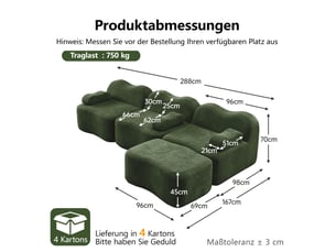 Canapé d’angle modulable 3 places en velours vert avec pouf, assise profonde, mousse haute densité 32d et forme ondulée