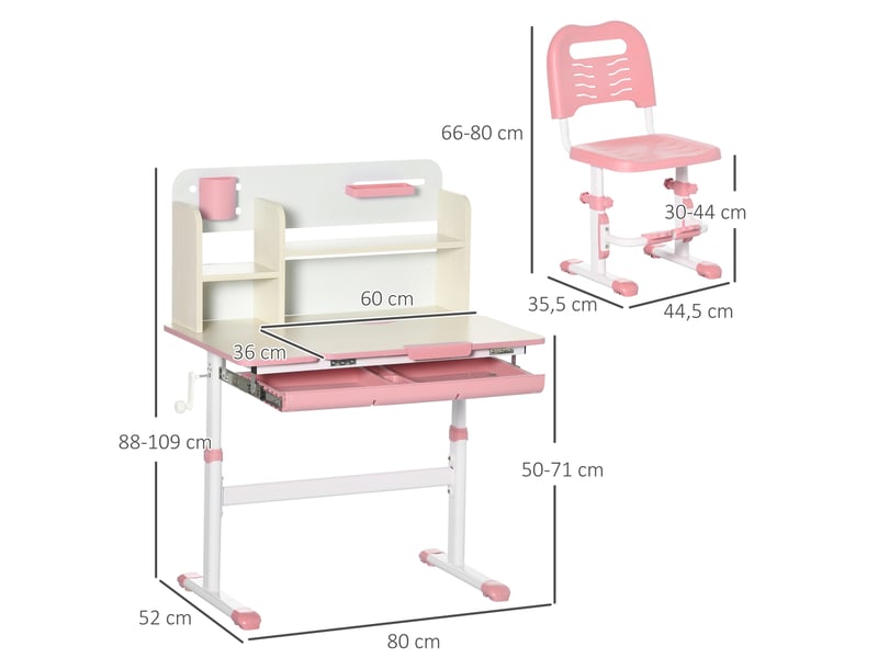  Bureau enfant avec chaise réglable rose 80 x 52 x 88-109 cm, plateau inclinable dès 3 ans  - Conforama E