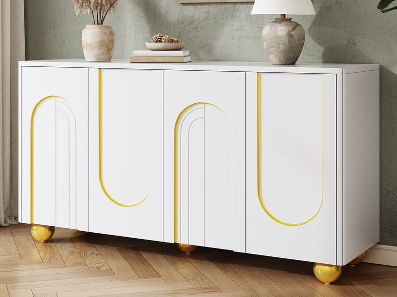  Buffet blanc 140 x 40 x 74 cm avec 4 portes, pieds en métal, 2 compartiments avec étagères, pour salon, salle à manger et entrée  - Conforama B