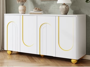 Buffet blanc 140 x 40 x 74 cm avec 4 portes, pieds en métal, 2 compartiments avec étagères, pour salon, salle à manger et entrée