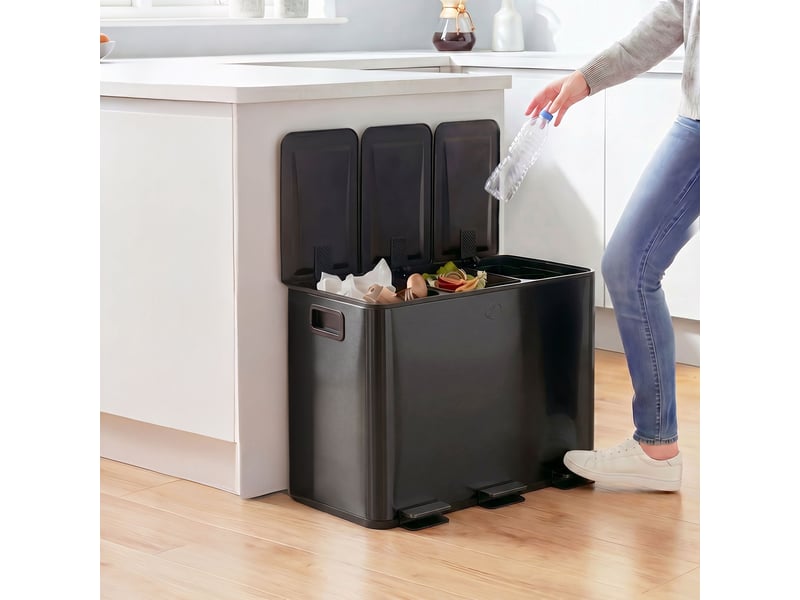  Poubelle de tri sélectif 3 x 15l à pédale en acier inoxydable noir 61,9x36,6x43,2 cm  - Conforama B