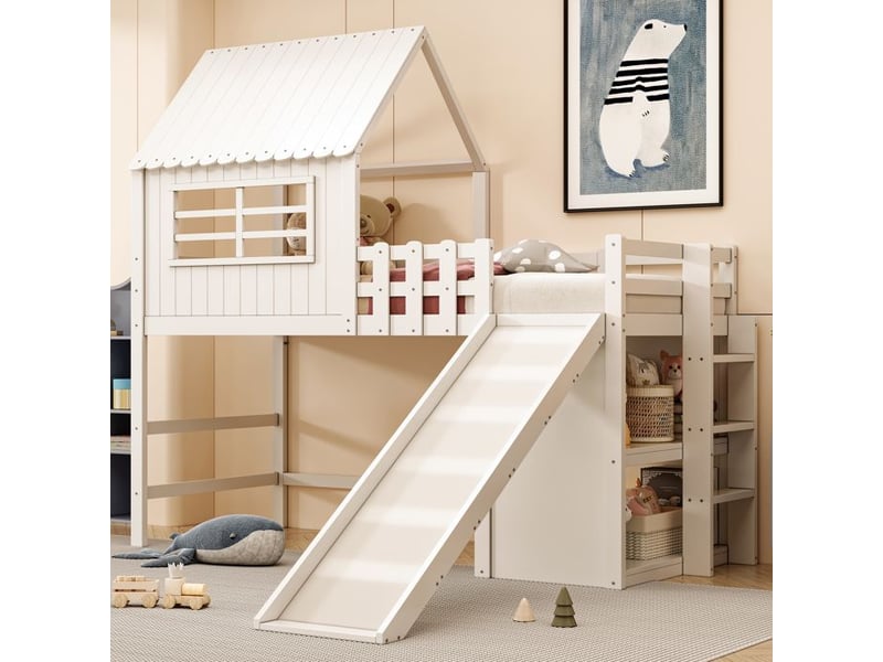  Lit superposé enfant cabane 90x200 - échelle sécurité - toboggan prolongé - étagères multifonctionnelles - certifié en747 208x219x219cm - Conforama B