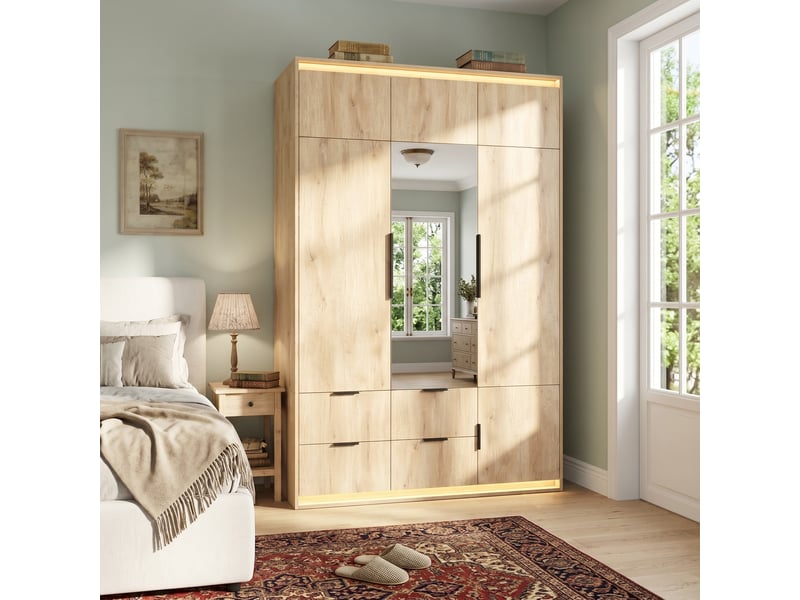  Armoire penderie 3 portes 135x47x200 cm, miroir intégré, éclairage led, 1 tringle, 4 tiroirs, 7 compartiments, effet chêne et anthracite  - Conforama C
