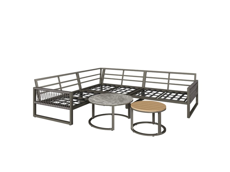  Salon de jardin d'angle gris 6 à 7 places en métal avec 2 tables basses et coussins, pour vos moments en extérieur  - Conforama D