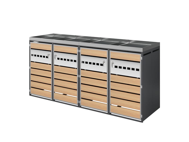  Cache-poubelles 4 compartiments avec bac à plantes, ventilation losange, métal noir  - Conforama E