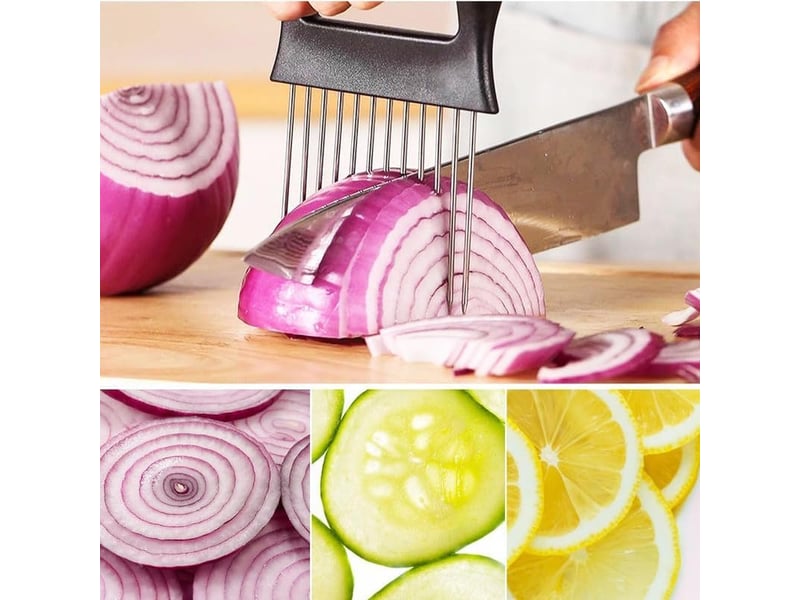  Porte-tranche d'oignon en acier inoxydable, trancheuse de citron, coupe-légumes, outil de tranchage de couteau de cuisine (1pcs)  - Conforama C
