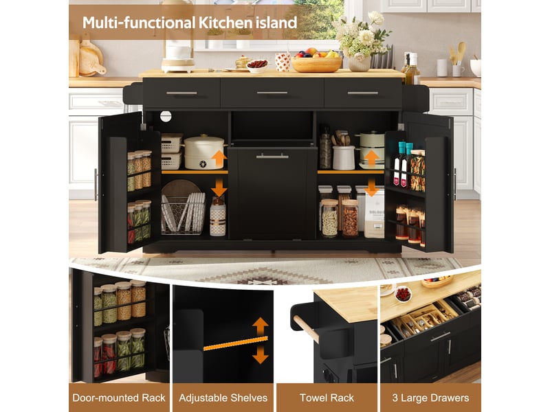  Desserte de cuisine sur roulettes avec 3 tiroirs, rangements de porte, poubelle et prises, en mdf noir, 136×50(75)×92 cm  - Conforama E