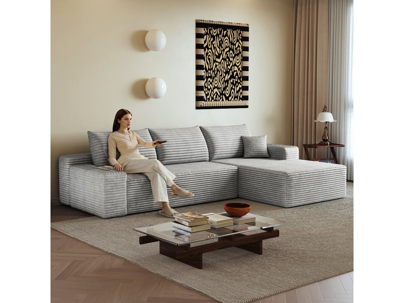  Canapé d’angle modulable 270 cm en velours côtelé, méridienne en l, assise profonde, sans montage, gris IKSETERA TRADING LTD - Conforama D