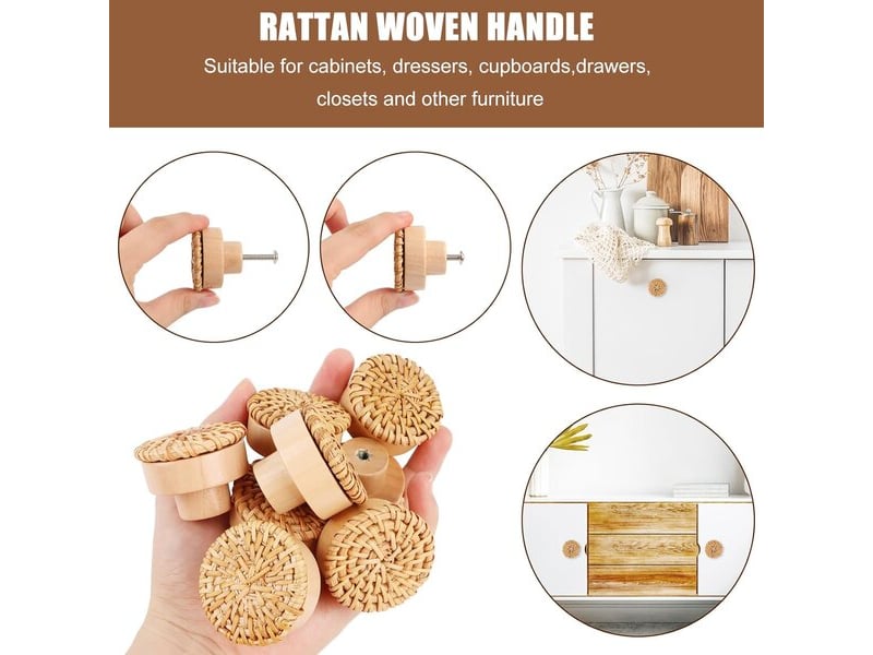  Pack de 4 poignées en rotin et bois de 40 mm, poignées décoratives de style bohème pour commodes, tiroirs et cuisine  - Conforama A