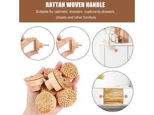 Pack de 4 poignées en rotin et bois de 40 mm, poignées décoratives de style bohème pour commodes, tiroirs et cuisine