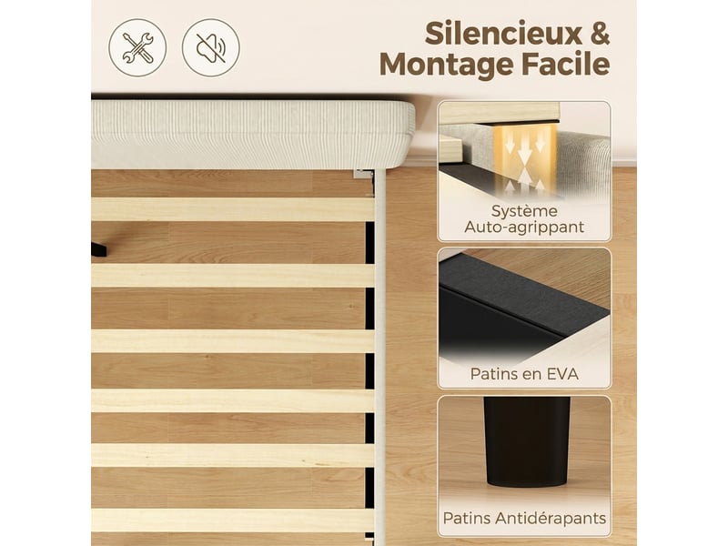  Cadre de lit 140 x 190 cm avec sommier, tête réglable, lit double rembourré en velours côtelé, sans bruit, gris clair  - Conforama R