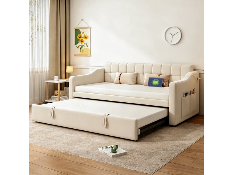  Lit gigogne 90x190 cm - lit banquette convertible 2 en 1 - usb - sommier bois et métal - beige  - Conforama W