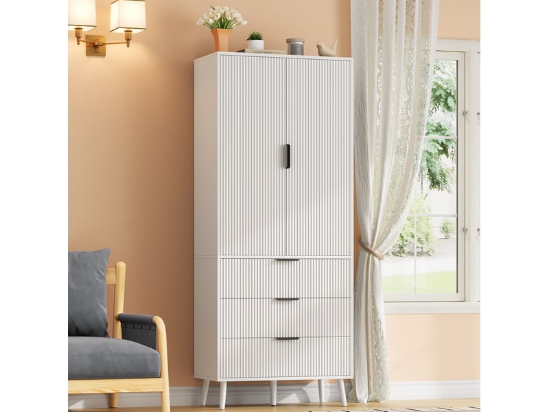 Armoire de cuisine 75x35x180 cm blanche avec 2 portes et 3 tiroirs - Conforama E