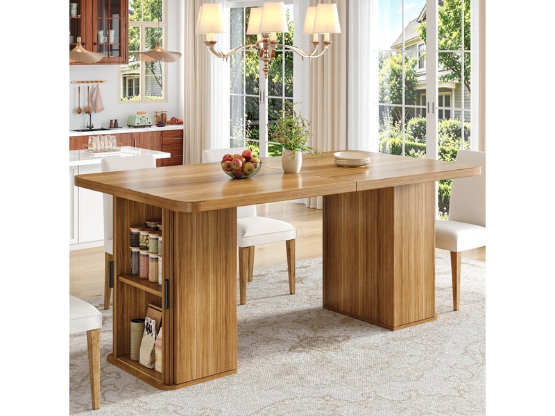 Table marron en mdf et métal, extensible de 140 à 180 cm, avec rangements intégrés et design d’extension fonctionnel  - Conforama D