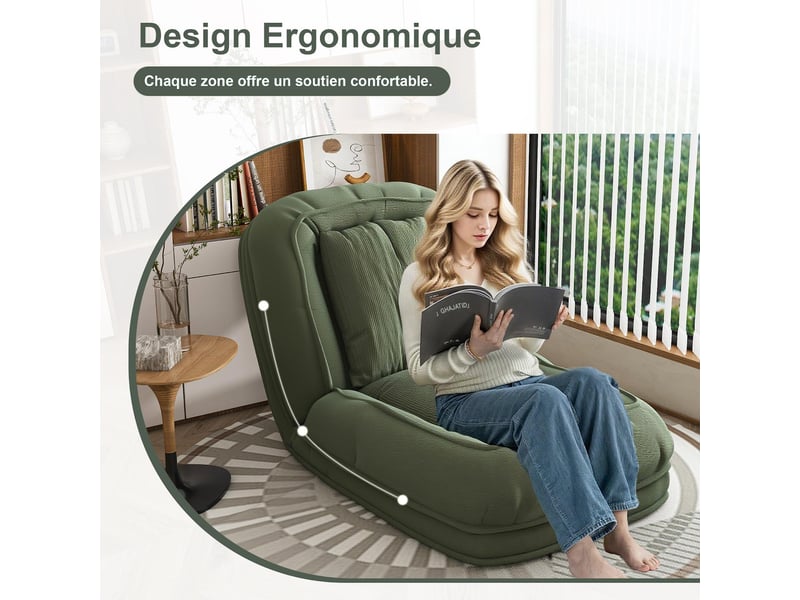  Chauffeuse convertible inclinable 5 positions avec 2 coussins vert W1198P488083 - Conforama D