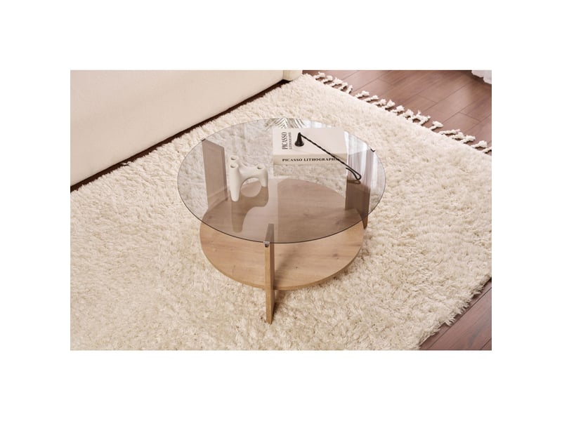 Table basse de salon en verre trempé et bois mdf mélaminé chêne saphir et fumé 75 x 75 x 40 cm - Conforama D