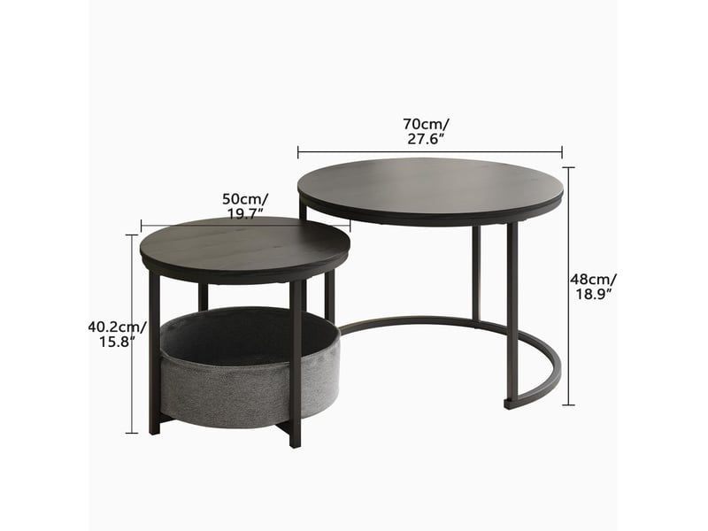  Tables basses gigognes rondes avec sac de rangement, plateau résistant à l’eau et aux rayures, métal noir antique  - Conforama D