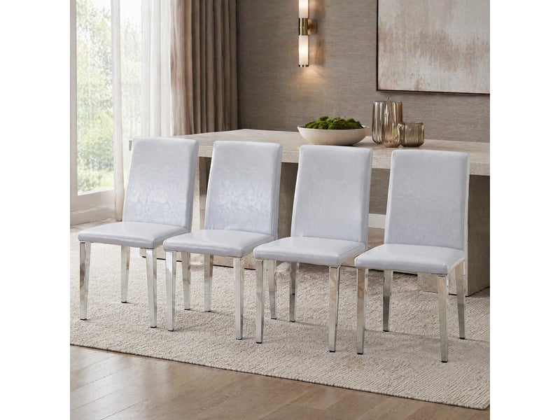  Lot de 4 chaises de salle à manger gris clair et argentées en polyuréthane et métal  - Conforama D