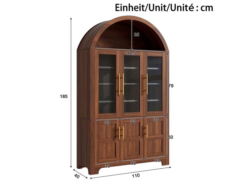  Buffet 110 x 40 x 185 cm niche supérieure en arche, 3 portes vitrées et 3 portes pleines, étagères réglables, poignées en aluminium, noyer  - Conforama C