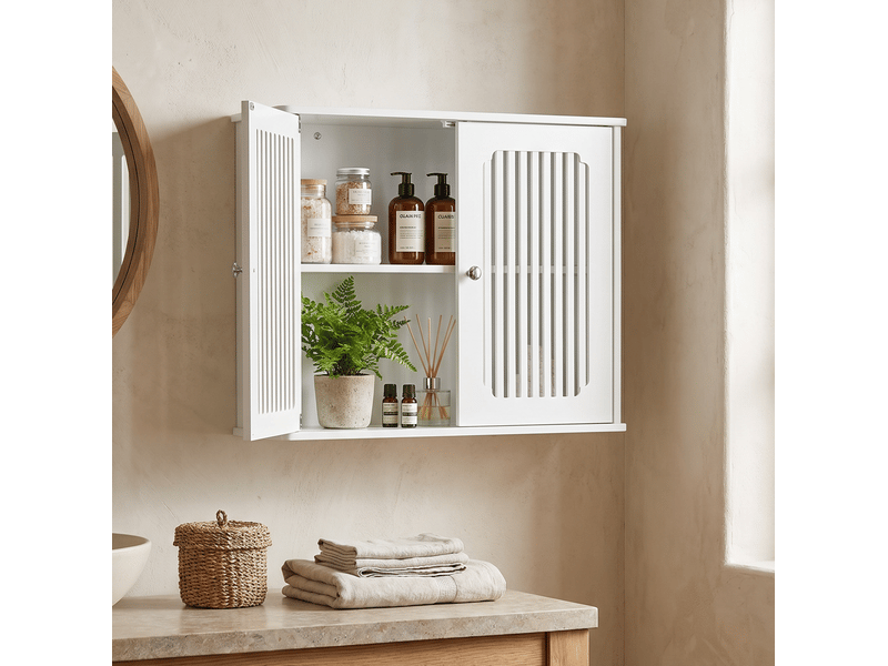  Armoire de salle de bain murale à 2 portes persiennées avec étagère, rangement pratique blanc en mdf, 60 × 20 × 52 cm  - Conforama E