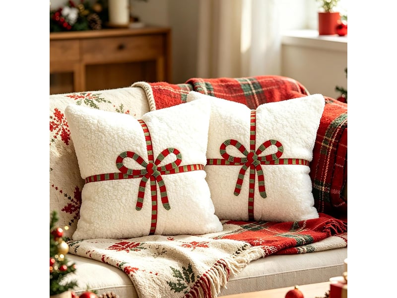  Lot de 2 housses de coussin noël 45 x 45 cm, blanc doux avec motif nœud cadeau, décoration canapé salon, blanc  - Conforama A