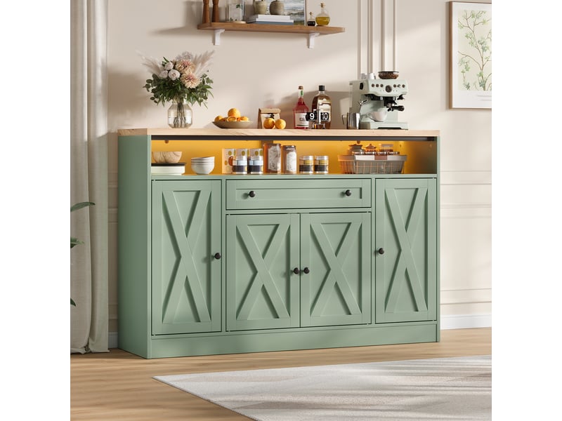 Buffet avec led rgb, 4 portes style grange, tiroir et étagères, meuble mdf 140x35x95cm pour salon et salle à manger - vert - Conforama D