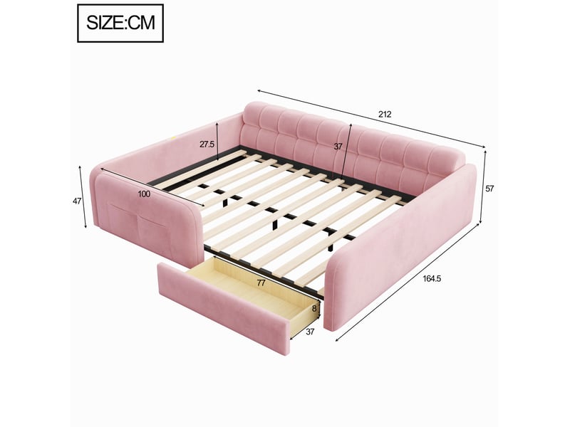 Lit enfant 140x200 cm avec tiroir, veilleuse et ports usb, en velours rose, sans matelas - Conforama C
