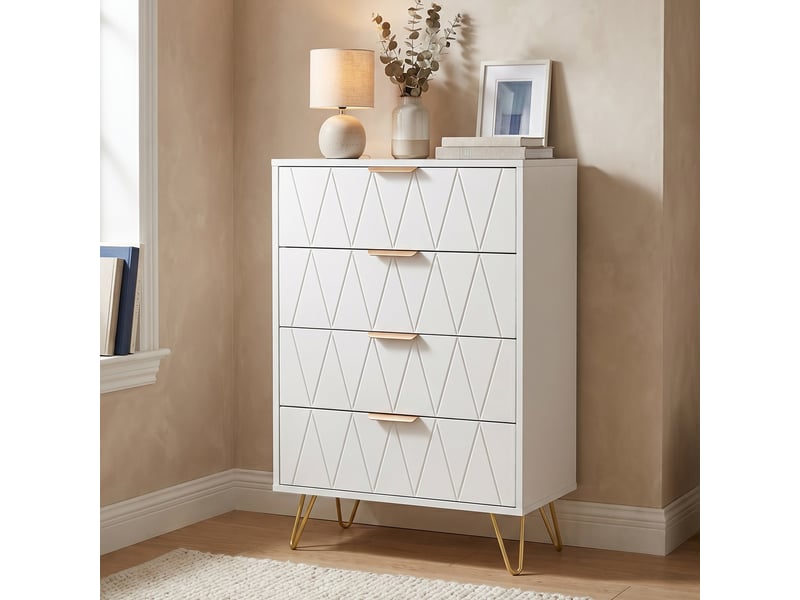 Commode 4 tiroirs, 60x34x90cm, meuble de rangement avec dispositif anti-basculement, bois et métal, style moderne luxe, blanc et or - Conforama B