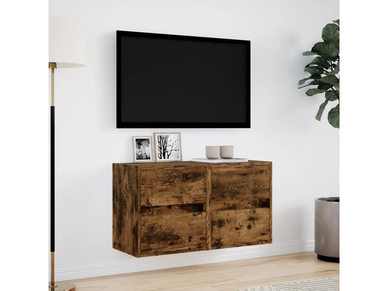 Lot de 2 meuble tv mural avec lumières led chêne fumé 41x31x45 cm shl19081 - Conforama D