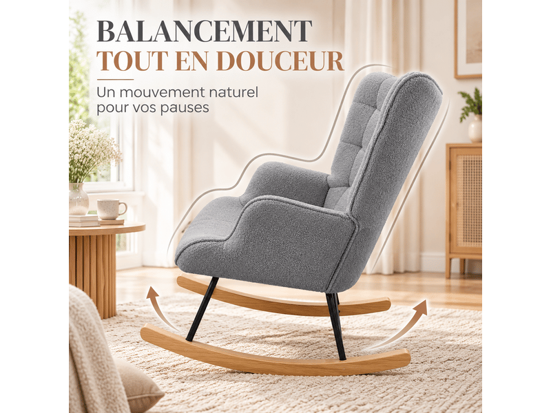  Fauteuil à bascule teddy, fauteuil berçant allaitement haut dossier avec accoudoirs, chaise berçante confortable pour lecture, salon, chambre bébé, adulte  - Conforama C