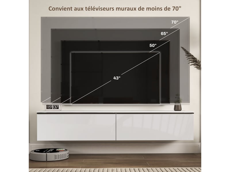  Meuble tv suspendu avec placard, pour téléviseurs jusqu'à 70 pouces, blanc, effet brillant  - Conforama R