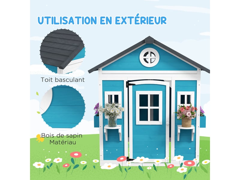  Cabane enfant extérieur maison enfant extérieure avec porte fenêtres et jardinières bleu 114 x 126,4 x 135 cm  - Conforama E
