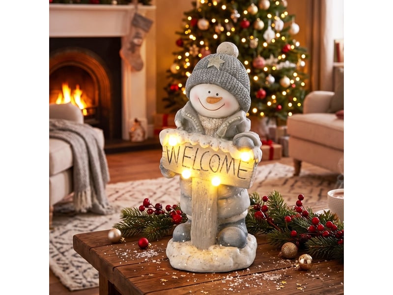  Décoration de noël bonhomme de neige, statue lumineuse en mgo avec panneau welcome, led et minuterie jour  - Conforama D
