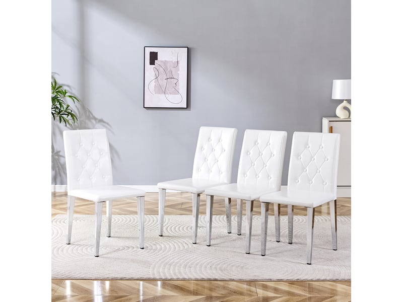  Lot de 4 chaises de salle à manger en pu blanc, pieds métal argenté brillant  - Conforama D