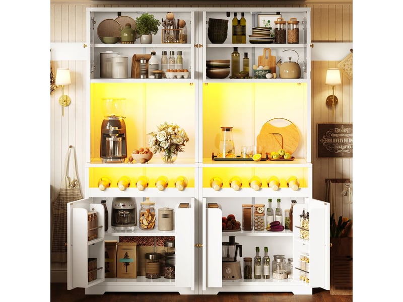 Buffet 2 pièces finition blanche éclairage led rgb piloté par application portes vitrées casier à bouteilles protection anti-basculement étagères réglables  - Conforama B