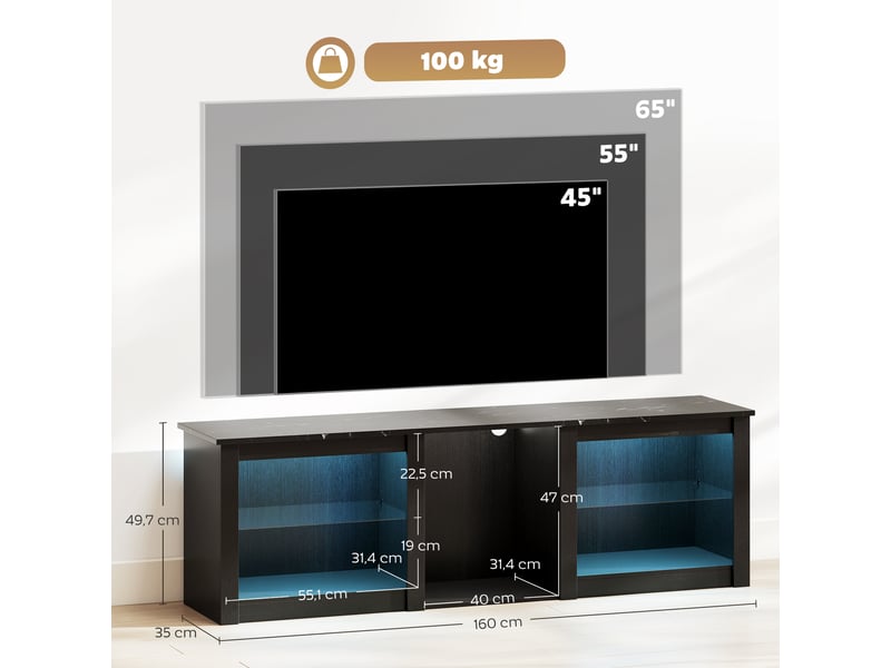  Meuble tv avec éclairage led pour télévision jusqu'à 70 pouces, noir, 160cm avec étagères en verre réglables  - Conforama C