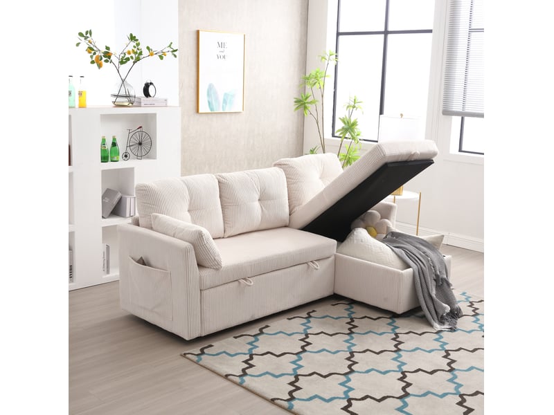  Canapé d’angle convertible modenvie modulable 3 places avec rangement, méridienne interchangeable, velours côtelé beige, 206 x 108 x 66 à 88 cm  - Conforama D