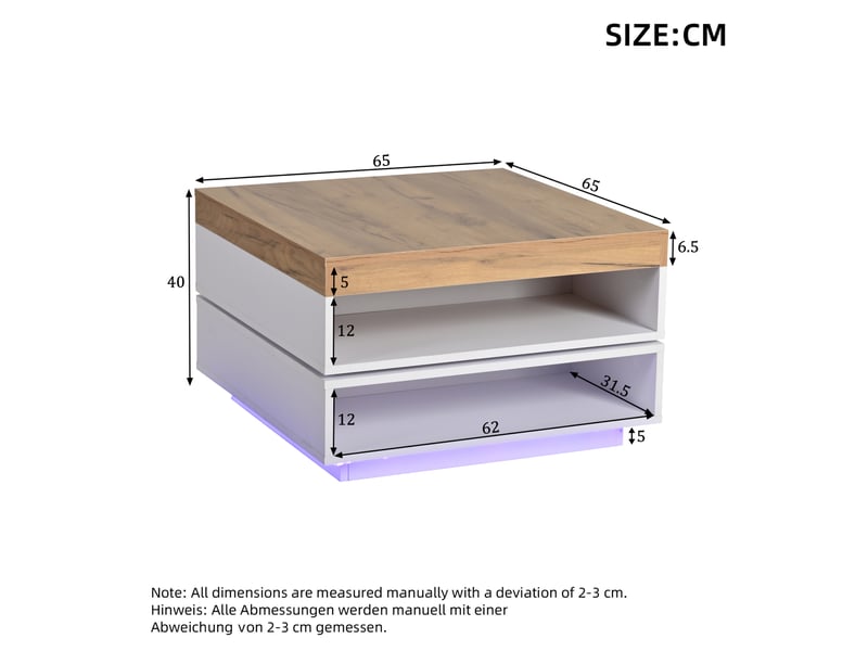  Table basse carrée avec plateau pivotant à 360° et led, avec espace de rangement, pour salon, 65 × 65 × 40 cm  - Conforama D