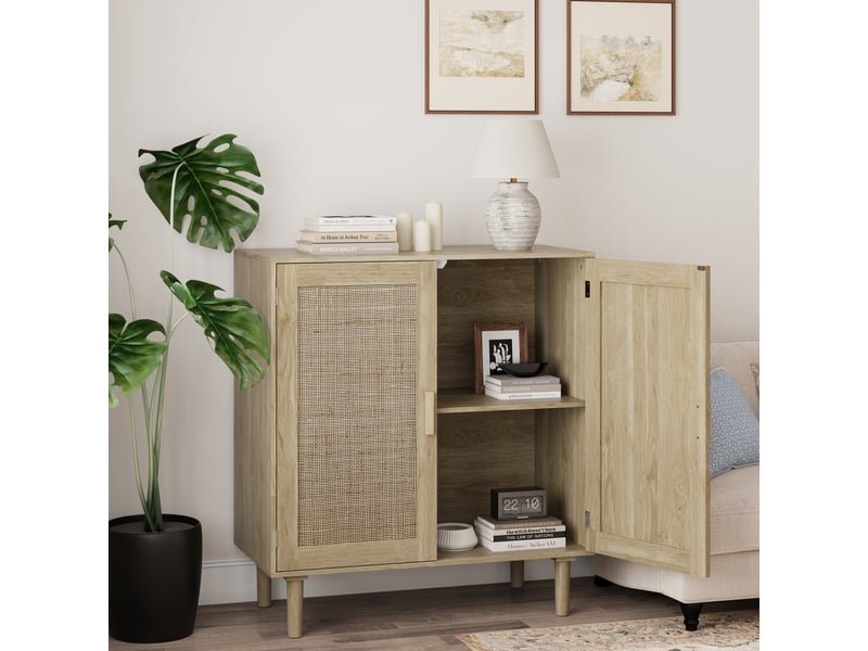 Meuble de rangement 2 portes magnétiques et 2 niches pour salon en mdf 80×40×88 cm naturel - Conforama D