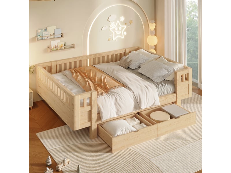  Lit enfant 140 x 200 cm avec barrières de sécurité hautes et 2 grands tiroirs, bois massif et mdf, blanc et effet bois naturel CozyNest - Conforama D