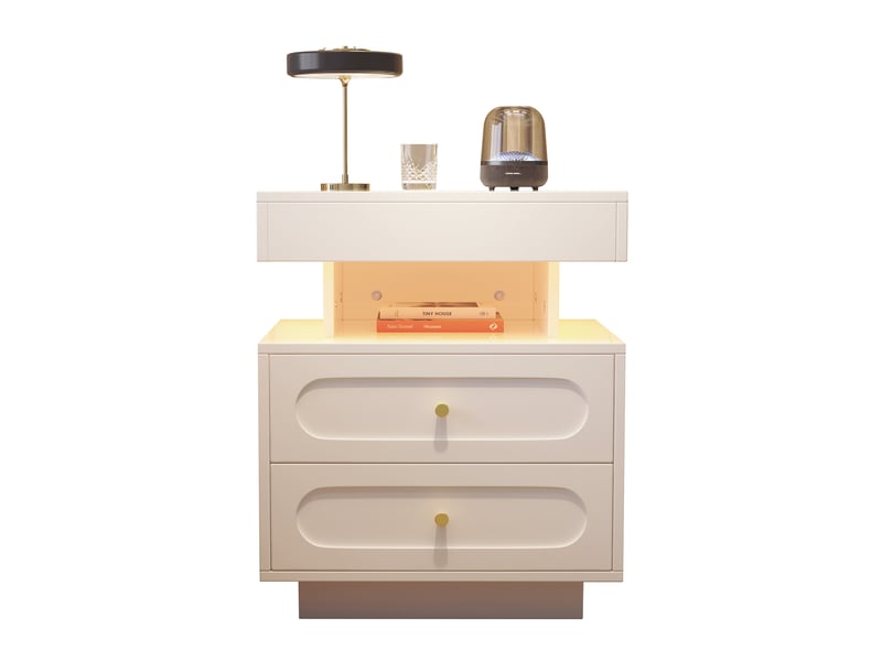  Chevet 50x40x60 cm, 2 tiroirs, led, design élégance, moderne, design simple, rangement, panneau de particules, blanc  - Conforama A