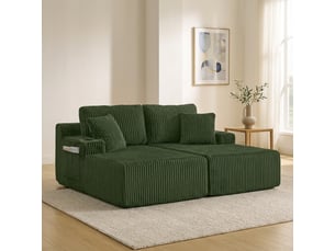 Canapé-lit 2 places modenvie modulable en velours côtelé vert avec poche latérale, porte-gobelet et coussins, mousse, 186 x 154 x 78 cm