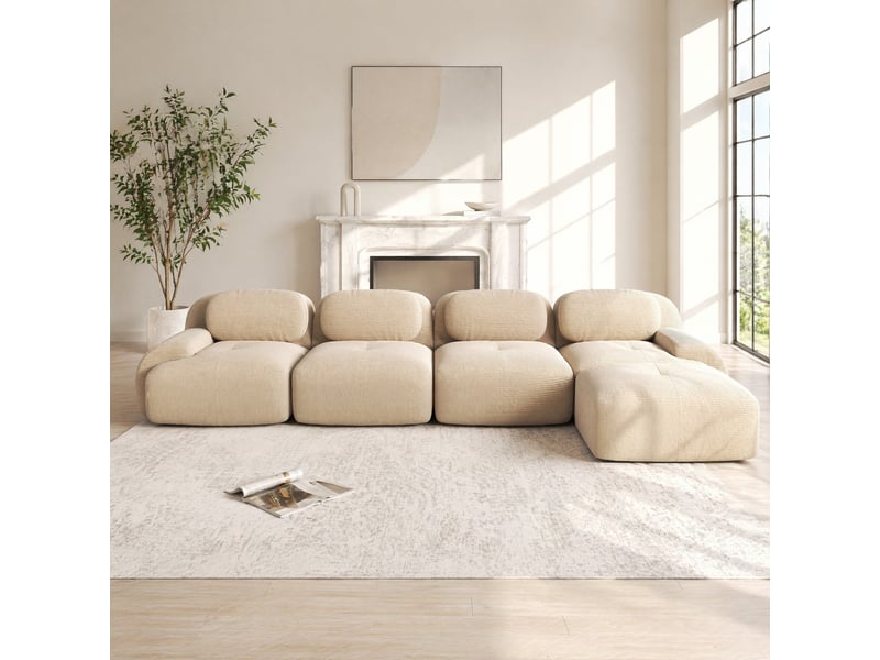  Canapé d'angle modulable modenvie 4 places avec méridienne en velours côtelé beige 388 x 178 x 70 cm  - Conforama D