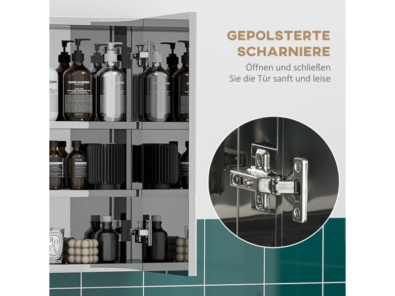  Armoire miroir de salle de bain en inox argenté 70x12x55 cm avec 3 portes vitrées et 5 étagères  - Conforama E